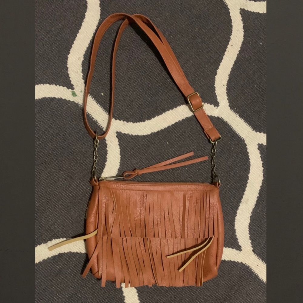 Brown faux leather fringe purse